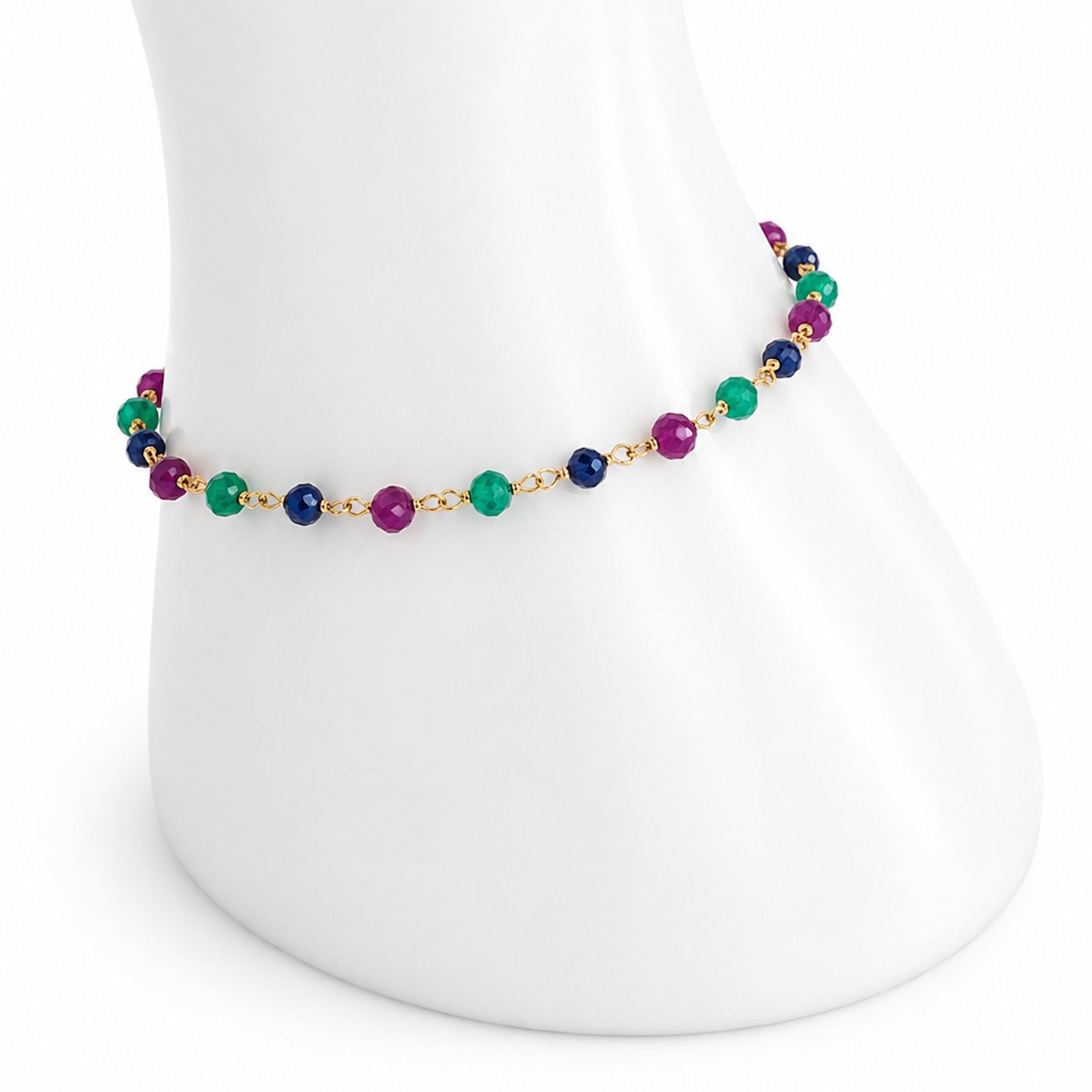 14k Dyed Emerald, Ruby, Sapphire Link Bracelet