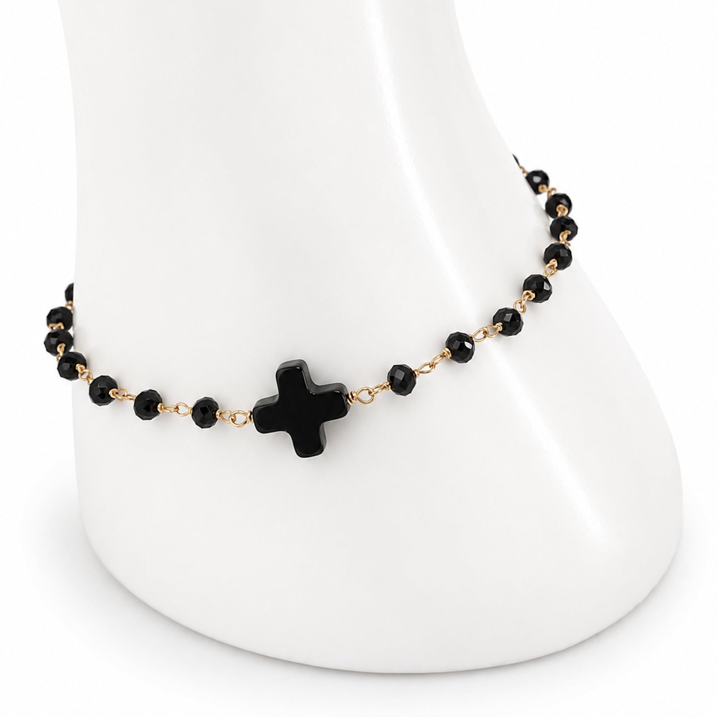 14k Black Spinel & Black Onyx Cross Center Link Bracelet