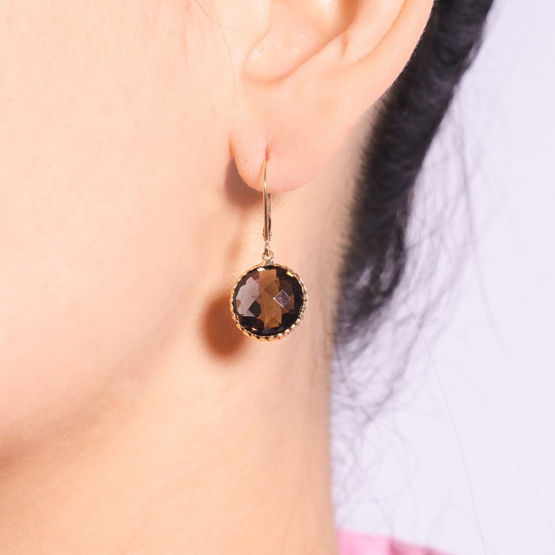 14k Smoky Quartz Fancy Bezel Leverback Earring