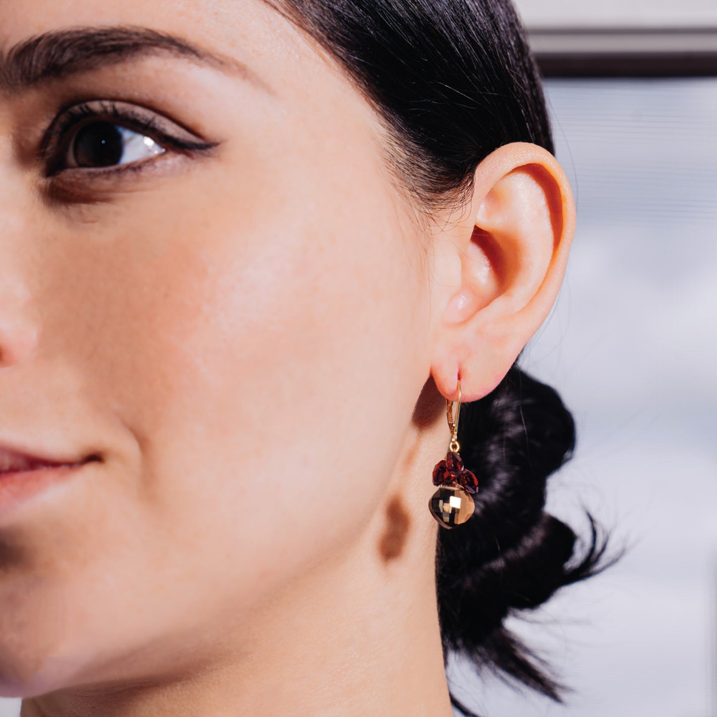 14k Smoky Quartz and Garnet Hook Earring