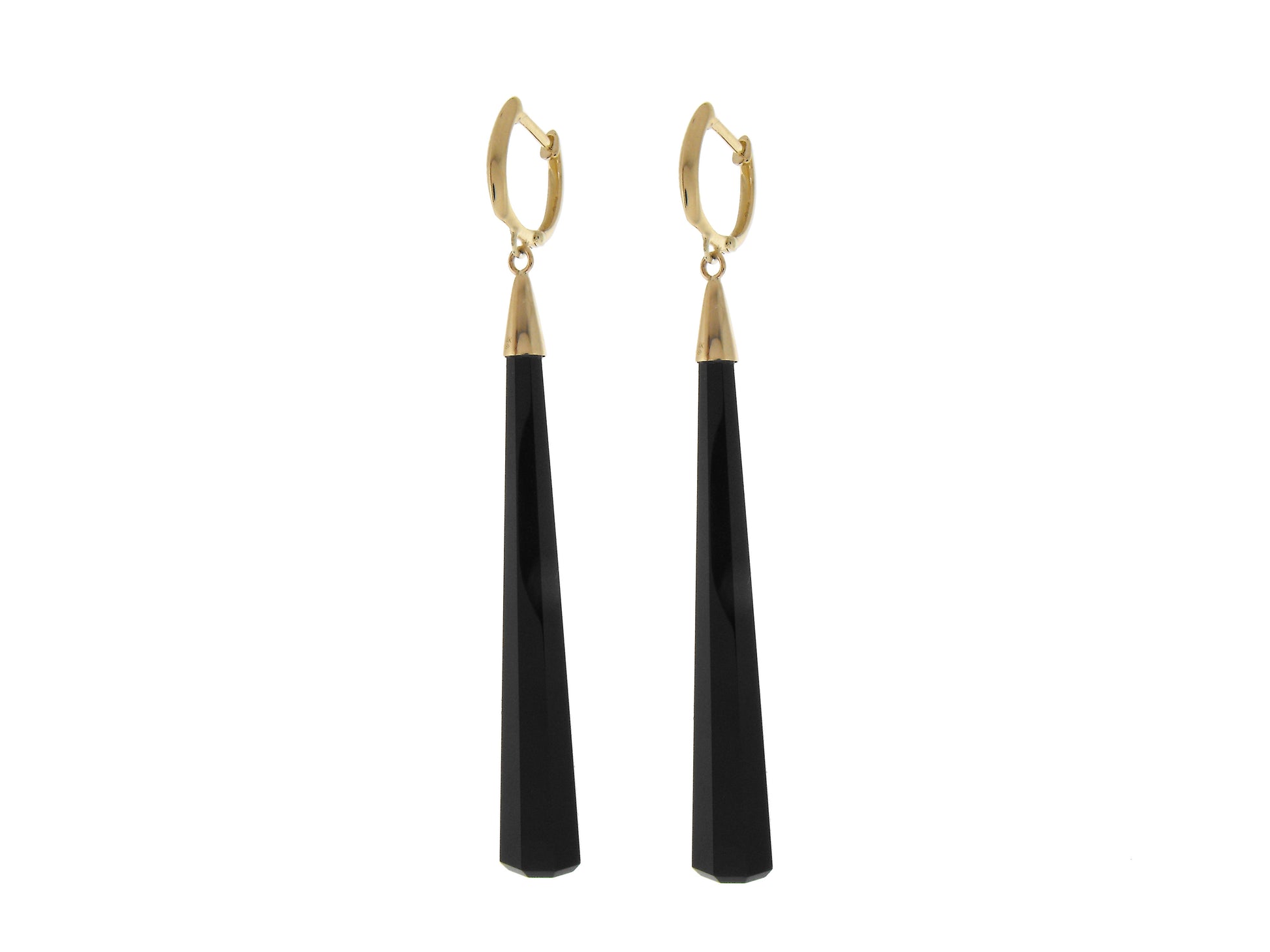14k Black Onyx Long Huggie Hoop Drop Earrings