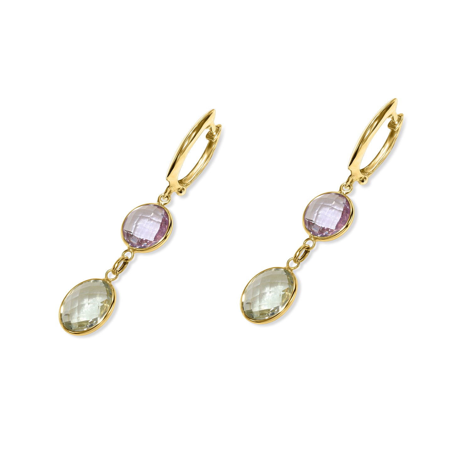 14k Pink & Green Amethyst Bezel Hoop Earrings