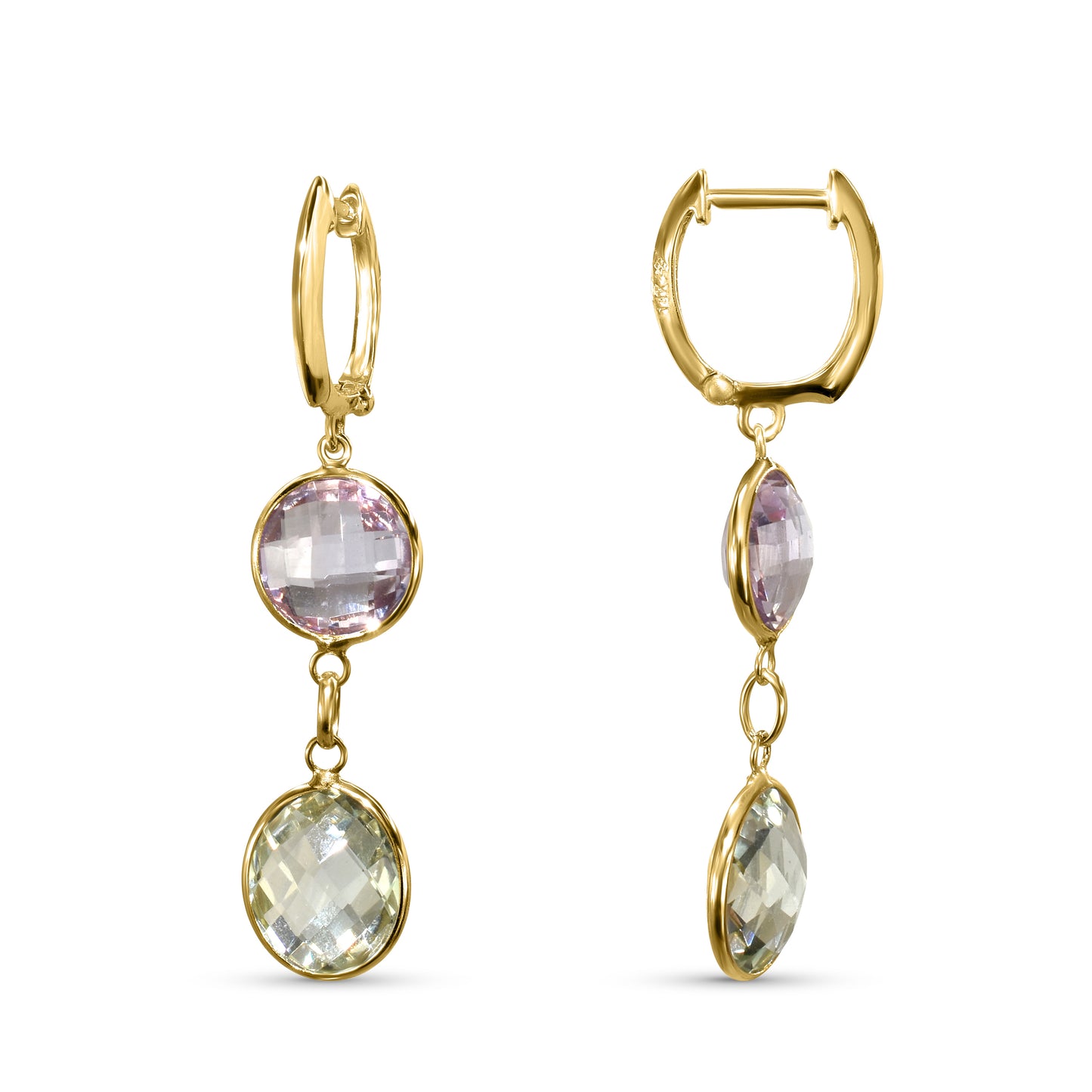 14k Pink & Green Amethyst Bezel Hoop Earrings