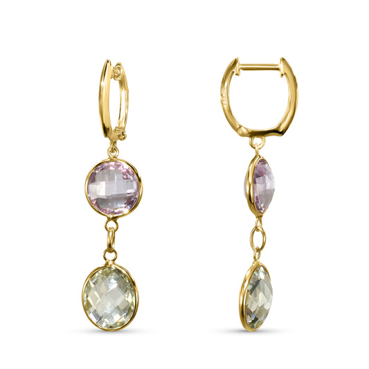 14k Pink & Green Amethyst Bezel Hoop Earrings