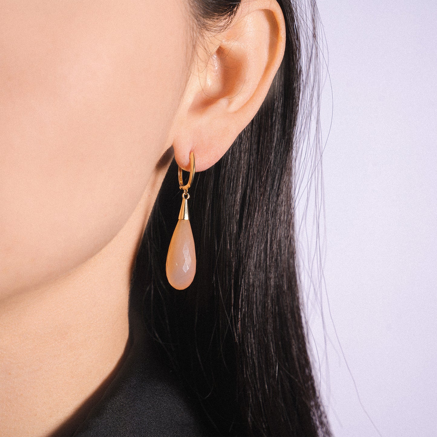 14k Pink Chalcedony Huggie Hoop Drop Earrings