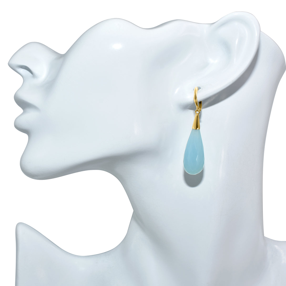 14k Blue Chalcedony Tear Drop Huggie Hinged Hoop Earring