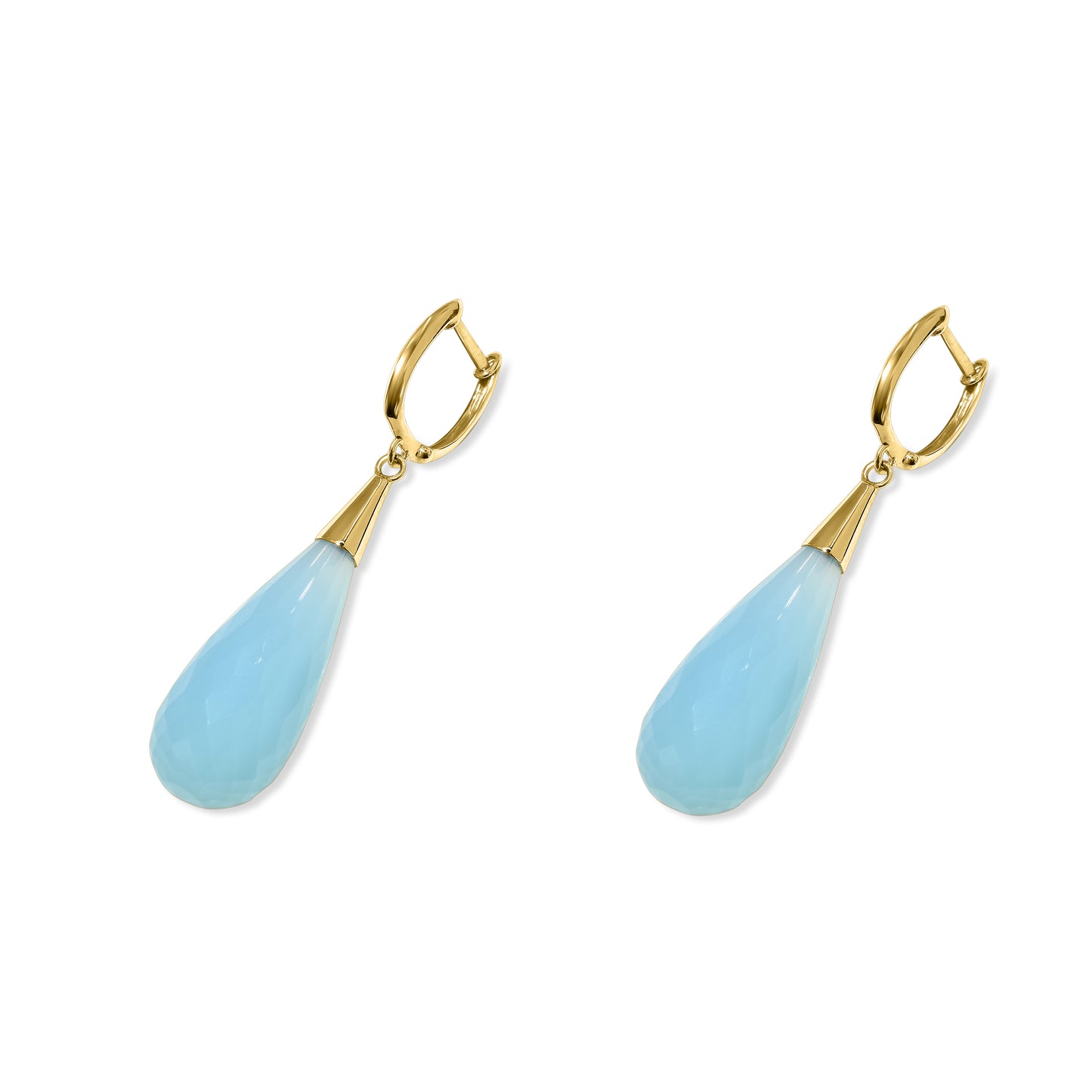 14k Blue Chalcedony Tear Drop Huggie Hinged Hoop Earring