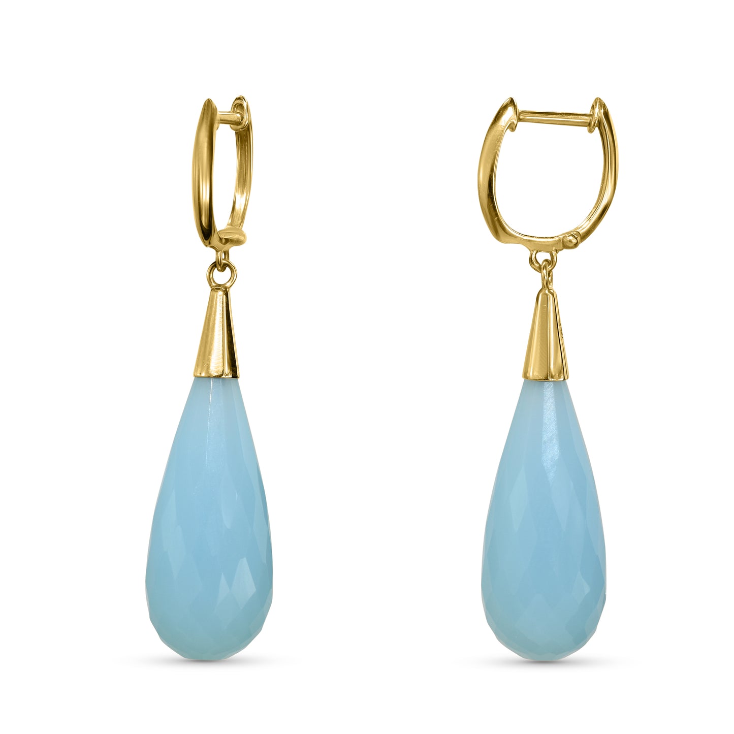 14k Blue Chalcedony Tear Drop Huggie Hinged Hoop Earring