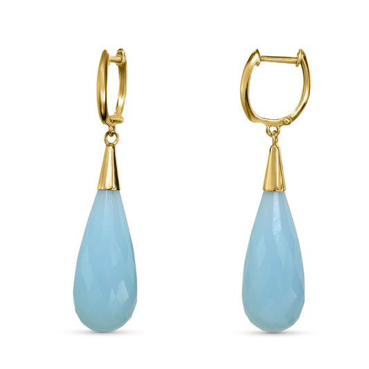 14k Blue Chalcedony Tear Drop Huggie Hinged Hoop Earring