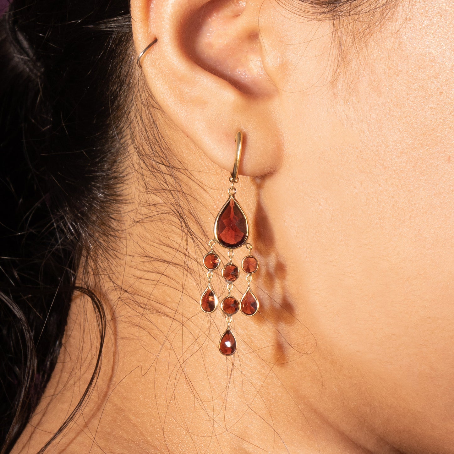 14k Garnet Chandelier Huggie Hoop Dangle Earring