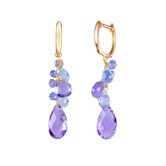 14k Pink Amethyst, Blue Topaz, Tanzanite Huggie Hoop Earring