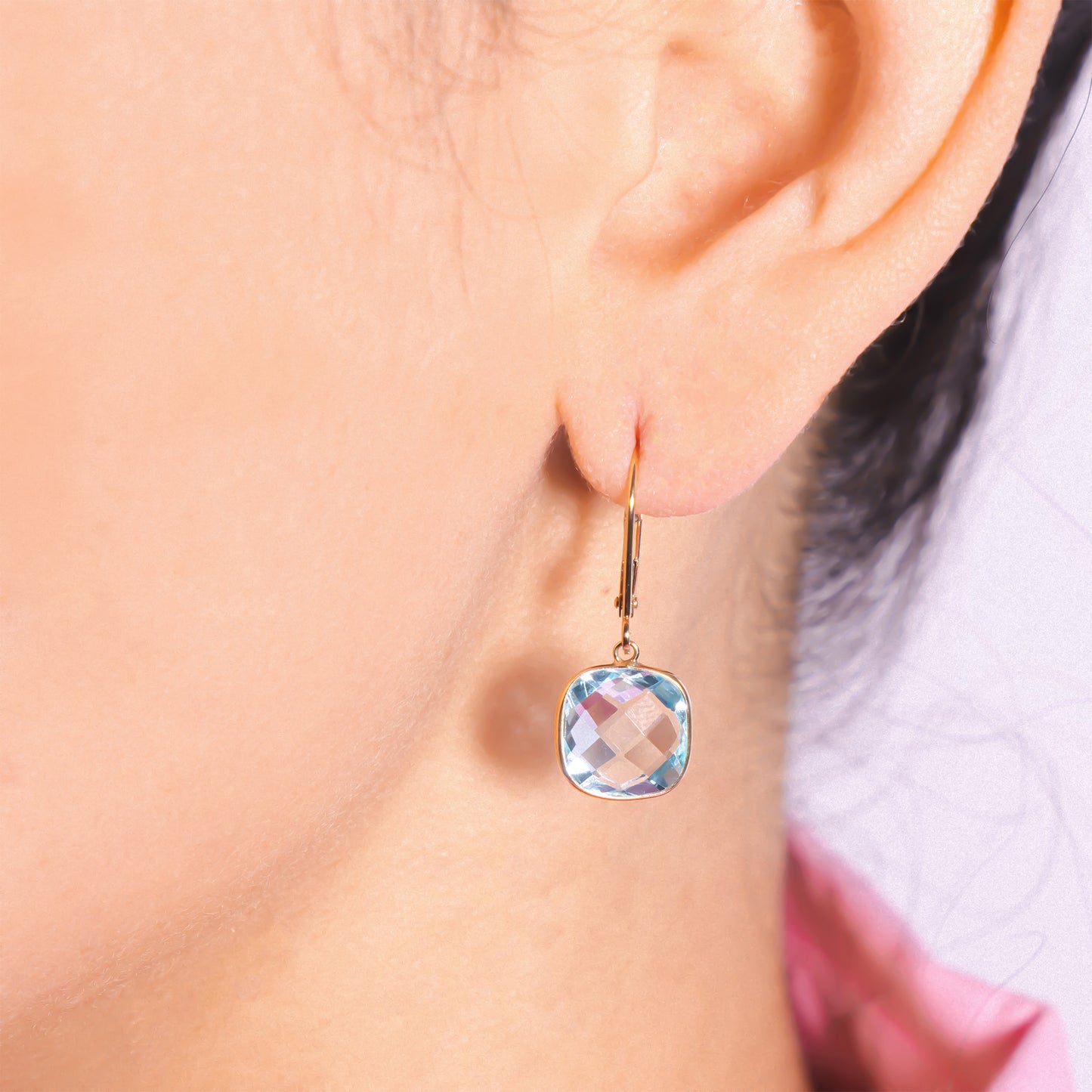 14k Blue Topaz Cushion Bezel Leverback Earring