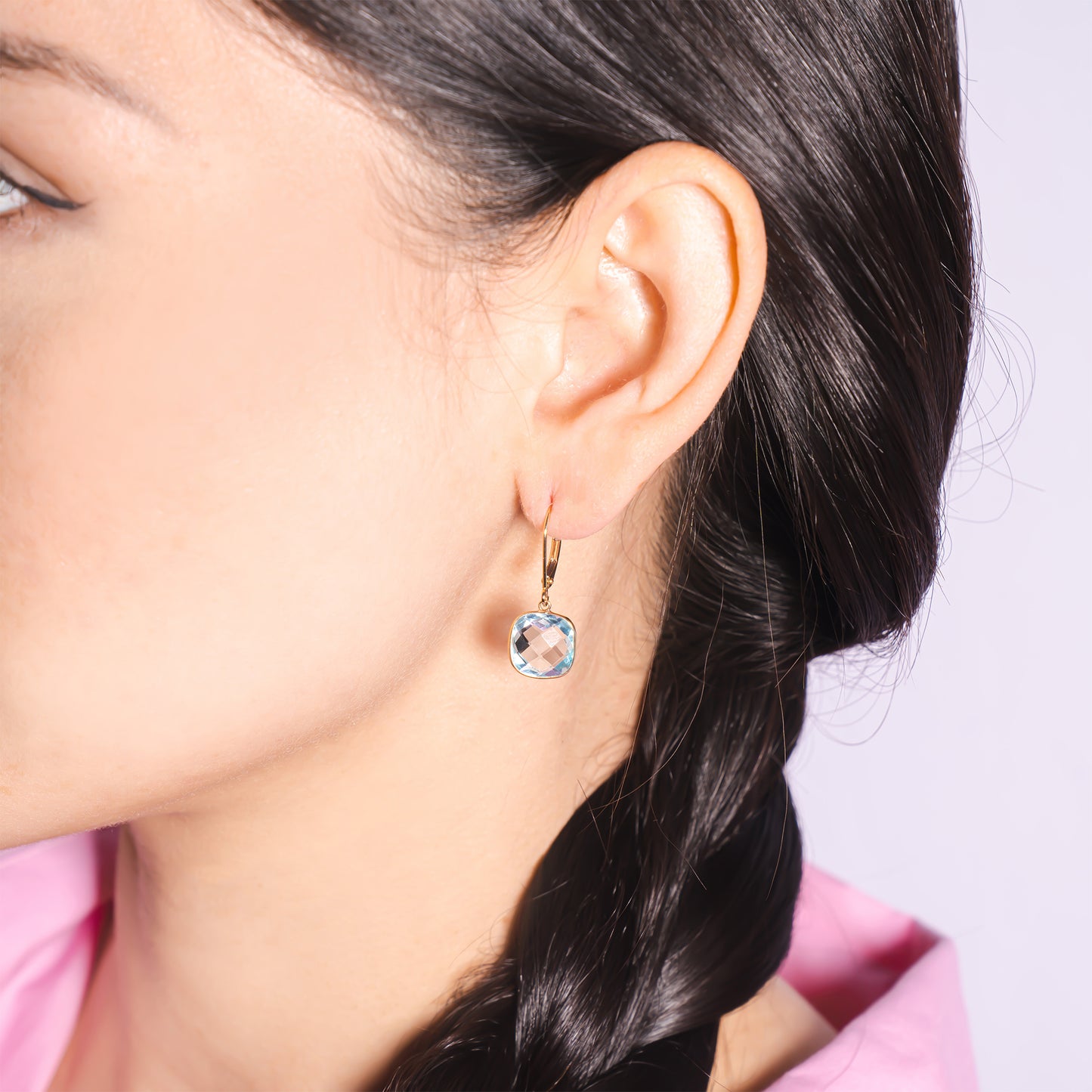 14k Blue Topaz Cushion Bezel Leverback Earring