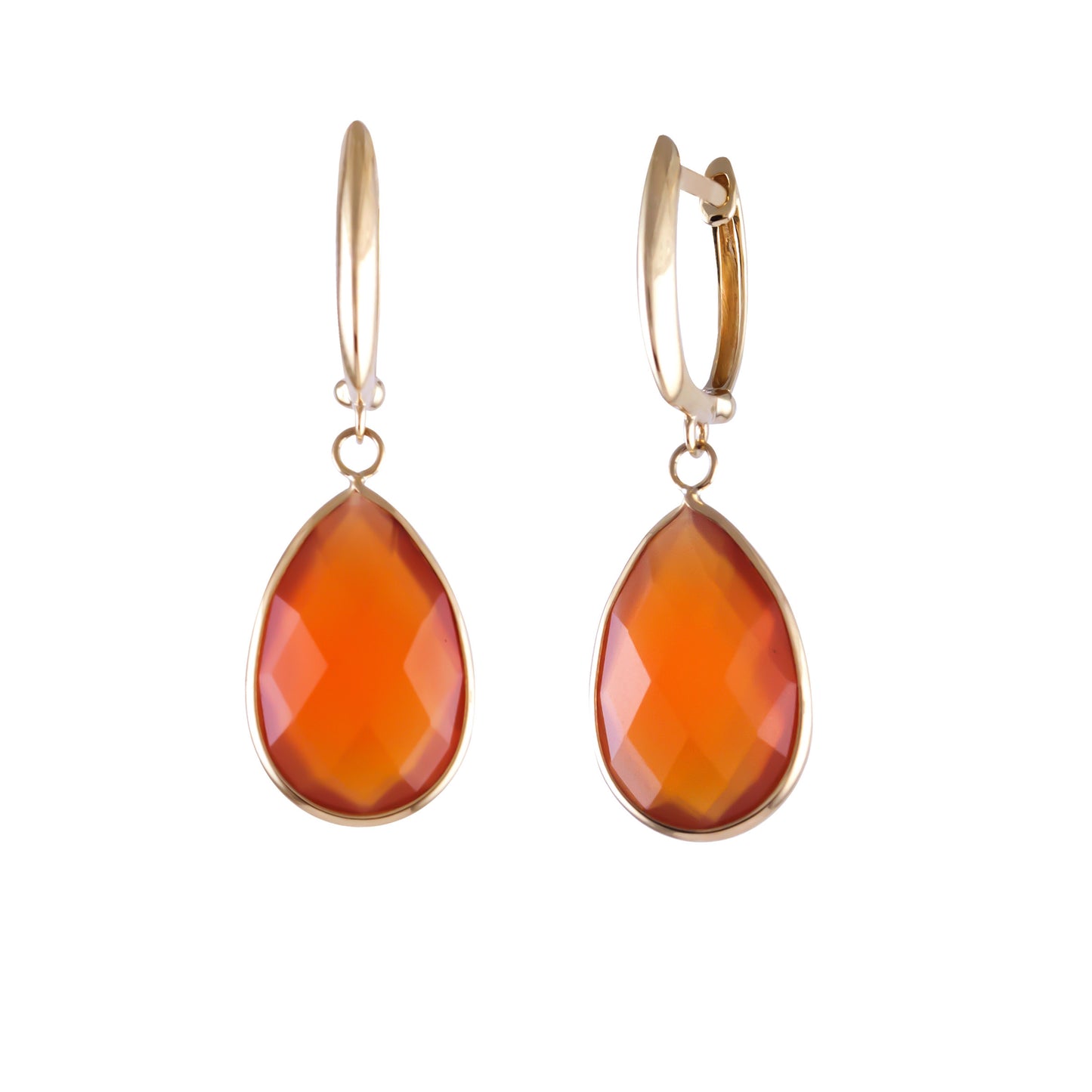 14k Carnelian Pear Shape Bezel Huggie Hoop Earring