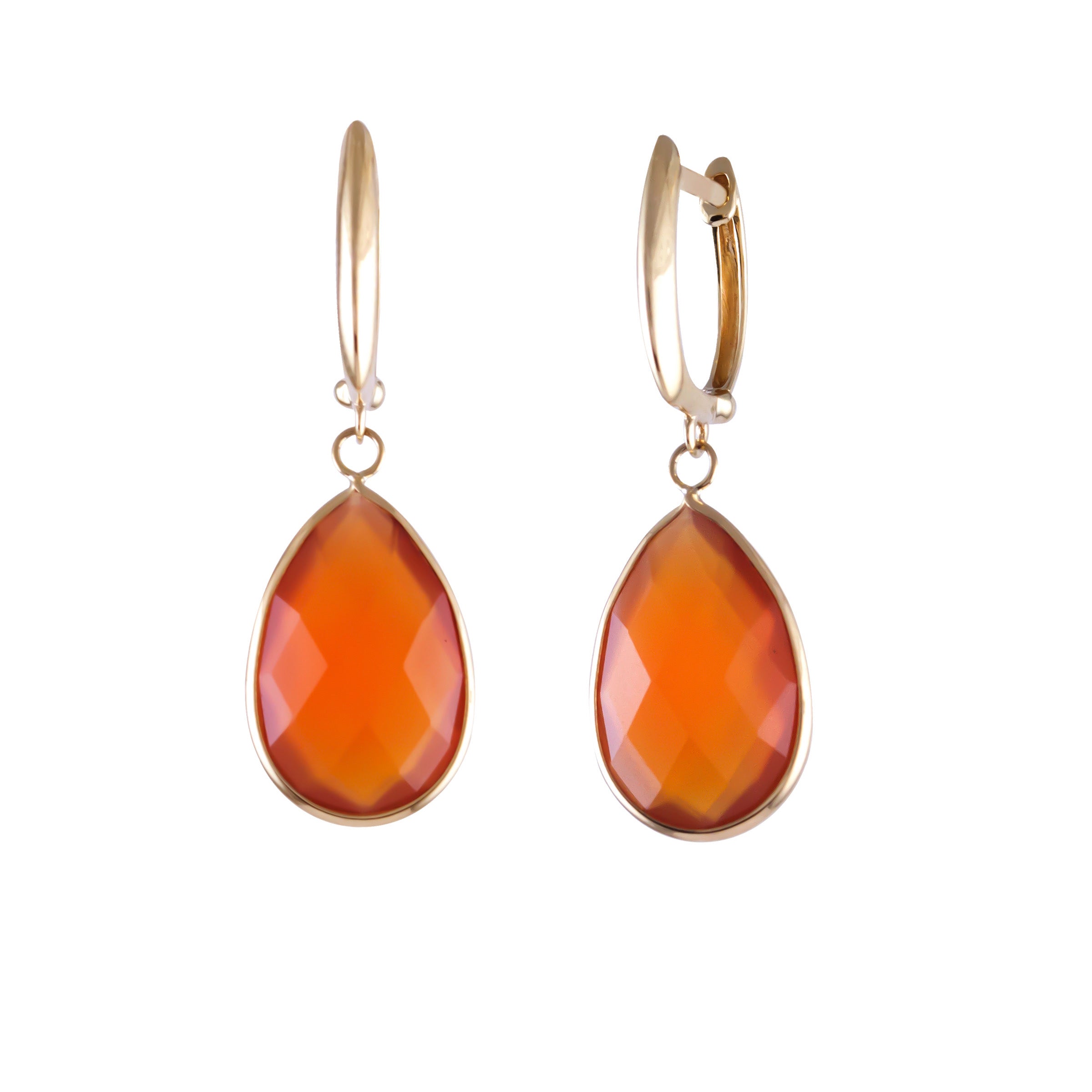 14k Carnelian Pear Shape Bezel Huggie Hoop Earring