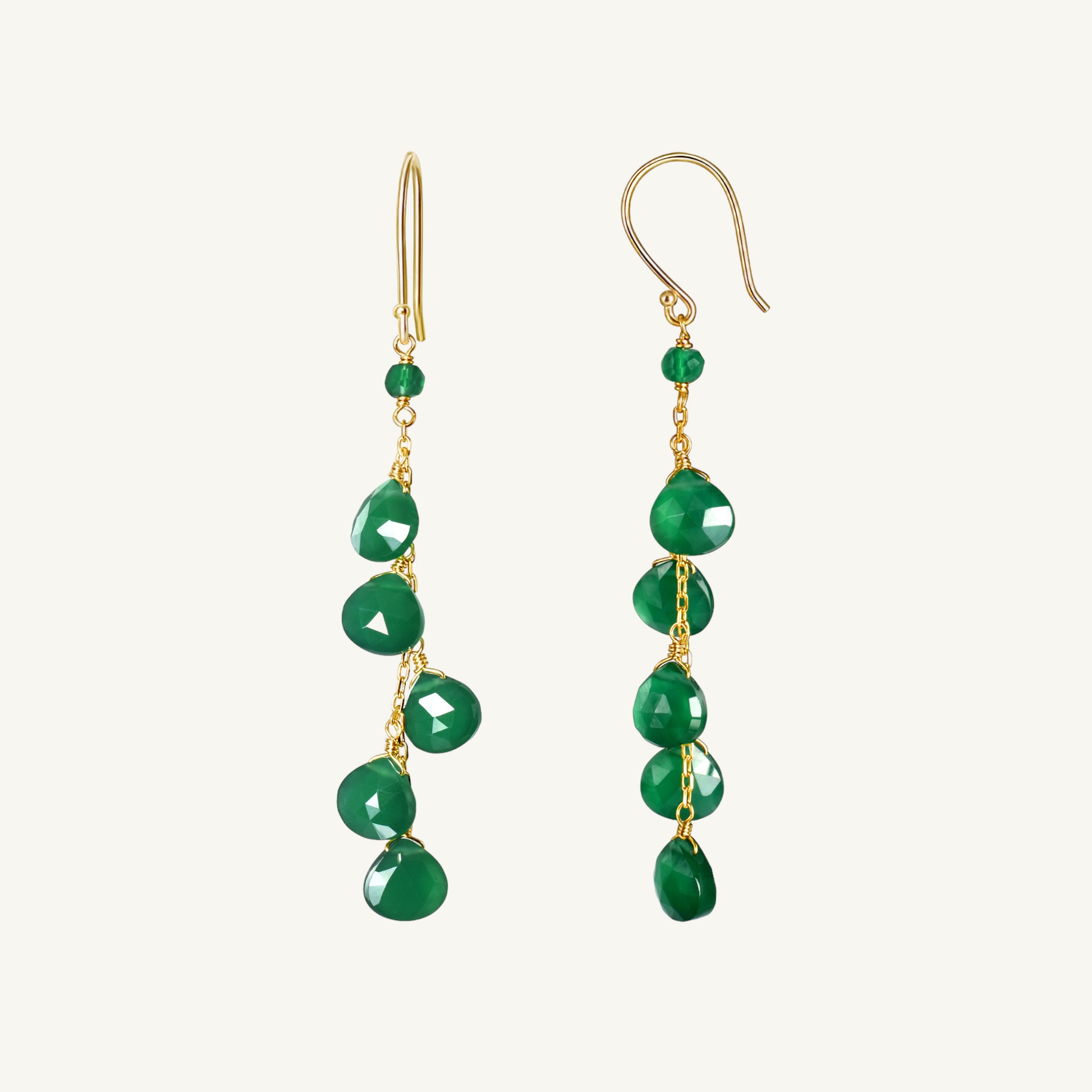 14k Faceted Heart Gemstone Dangle Earring Green Onyx