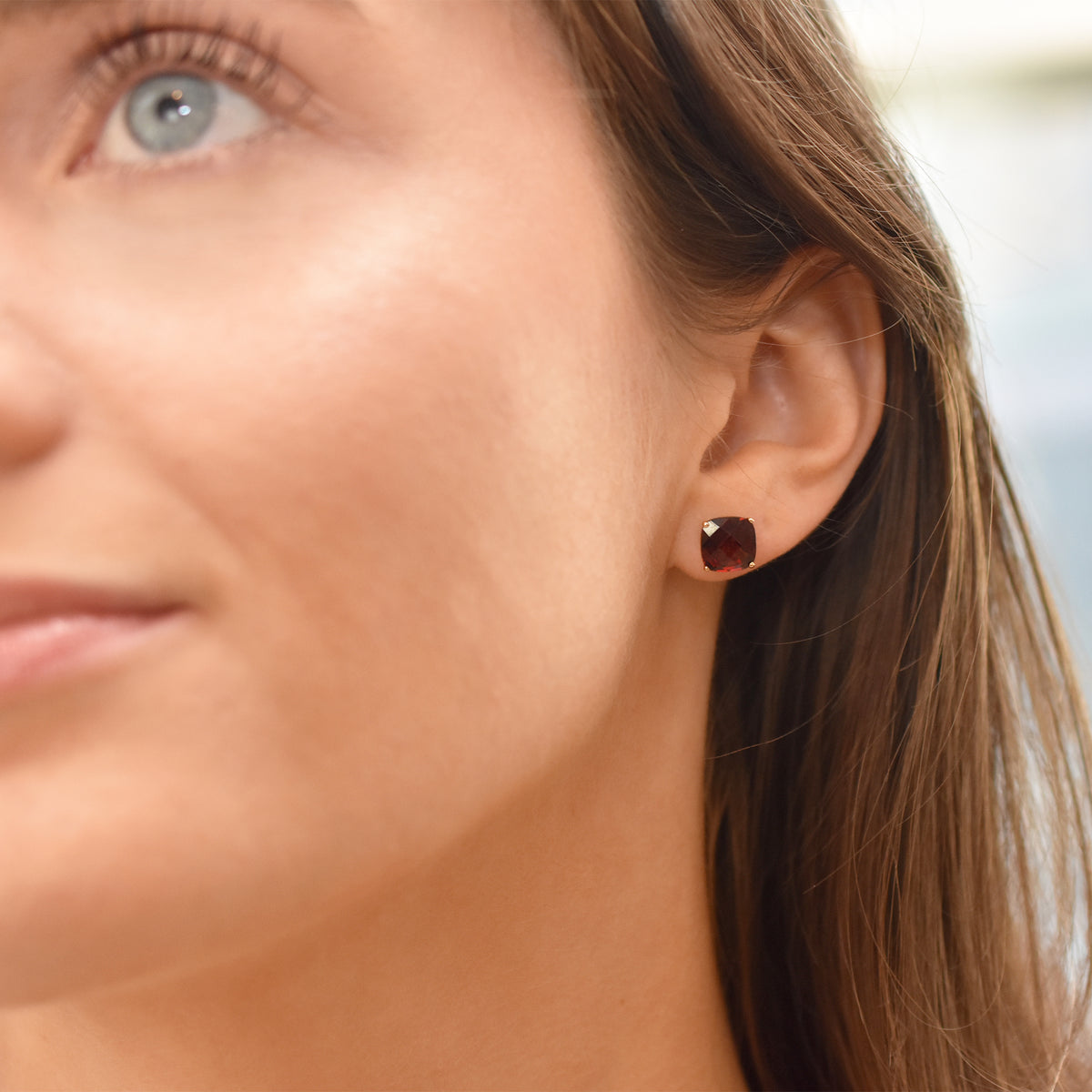 14k Faceted Cushion Cut Garnet 8mm Stud Earrings