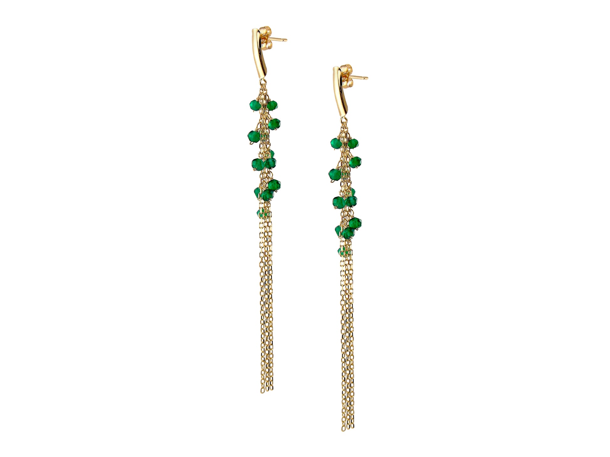 14k Faceted Gemstone Gold Chain Triple Drop Post Earring Green Onyx