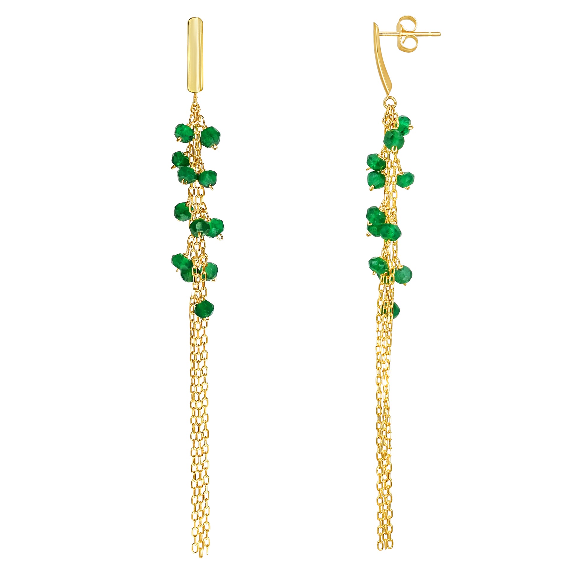 14k Faceted Gemstone Gold Chain Triple Drop Post Earring Green Onyx