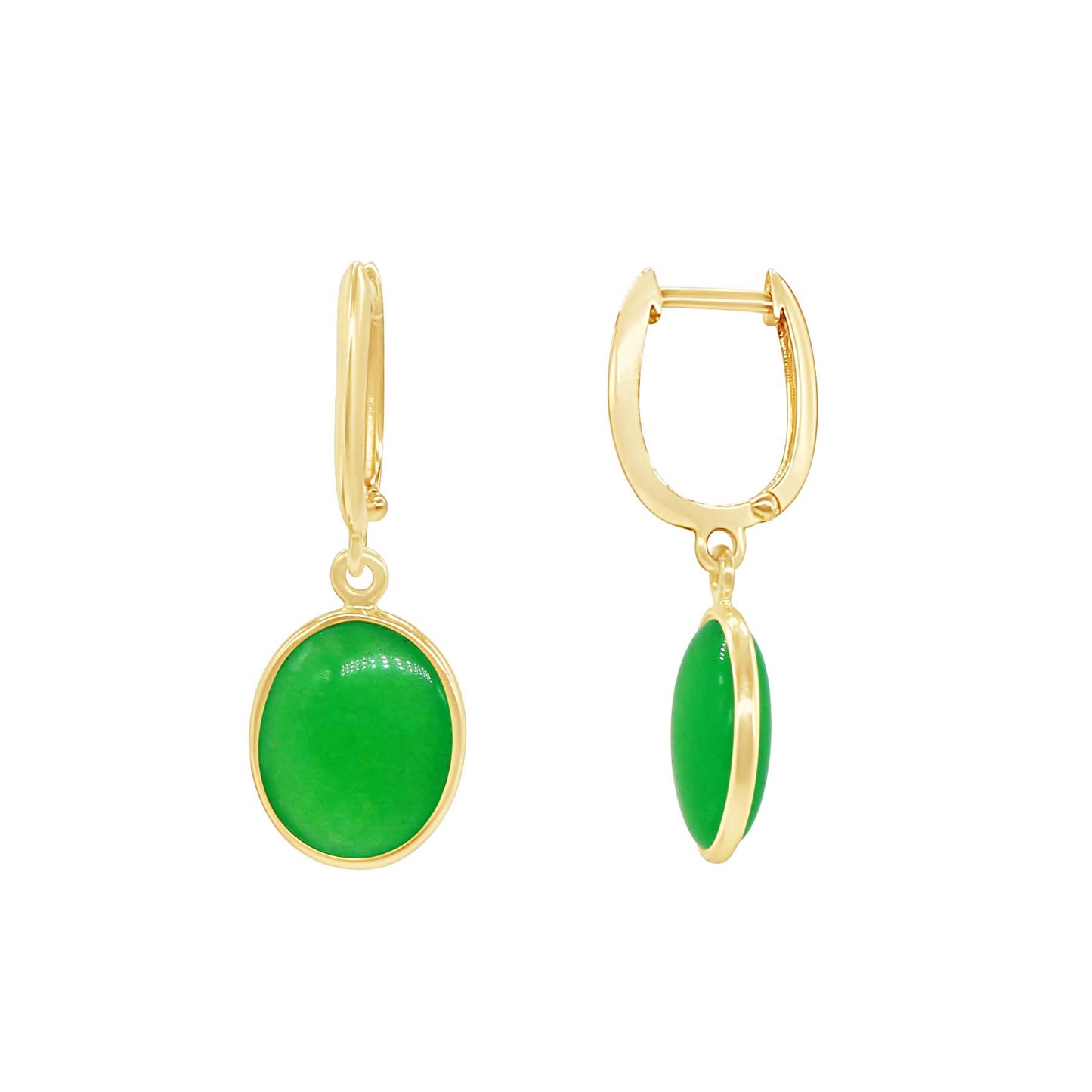 14k Green Jade Bezel Huggie Hoop Drop Earrings