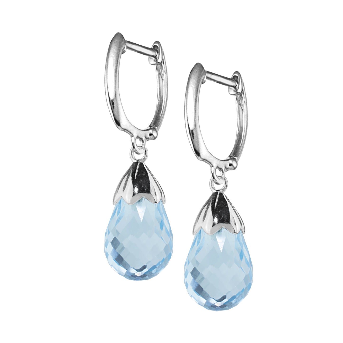 14k White Gold Faceted Blue Topaz Huggie Hoop Drop Earring
