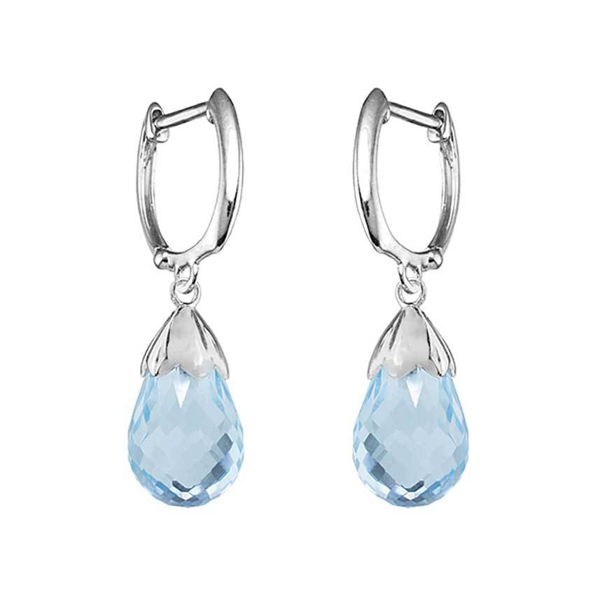 14k White Gold Faceted Blue Topaz Huggie Hoop Drop Earring