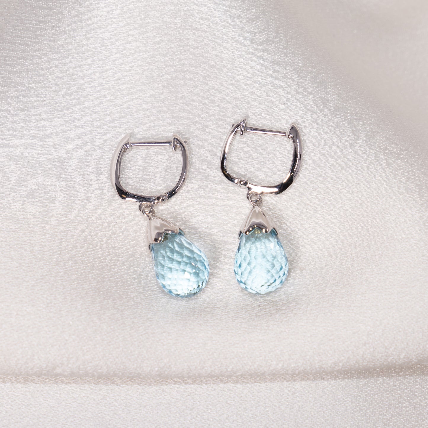 14k White Gold Faceted Blue Topaz Huggie Hoop Drop Earring