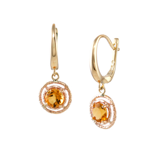 14k French Hoop Halo Citrine Drop Earring