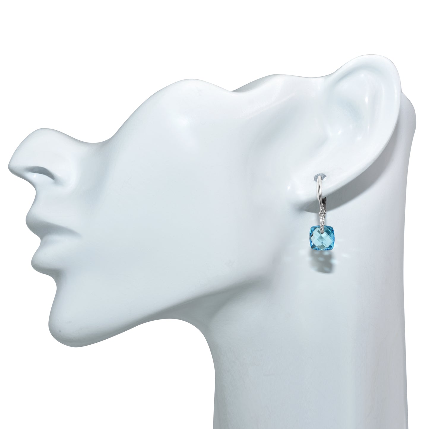 14k White Gold Swiss Blue Topaz Diamond VS Huggie Hoop Earring