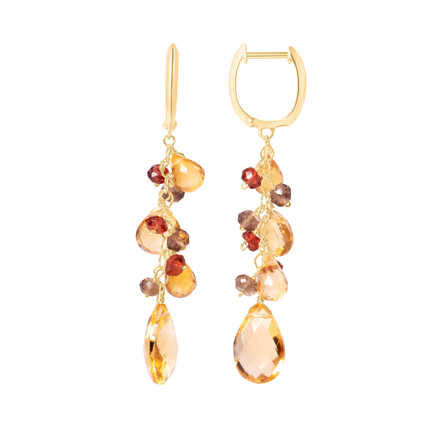 14k Citrine Smoky Quartz Garnet Pear Huggie Hoop Drop Earrings