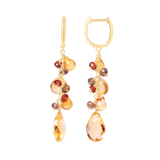 14k Citrine Smoky Quartz Garnet Pear Huggie Hoop Drop Earrings