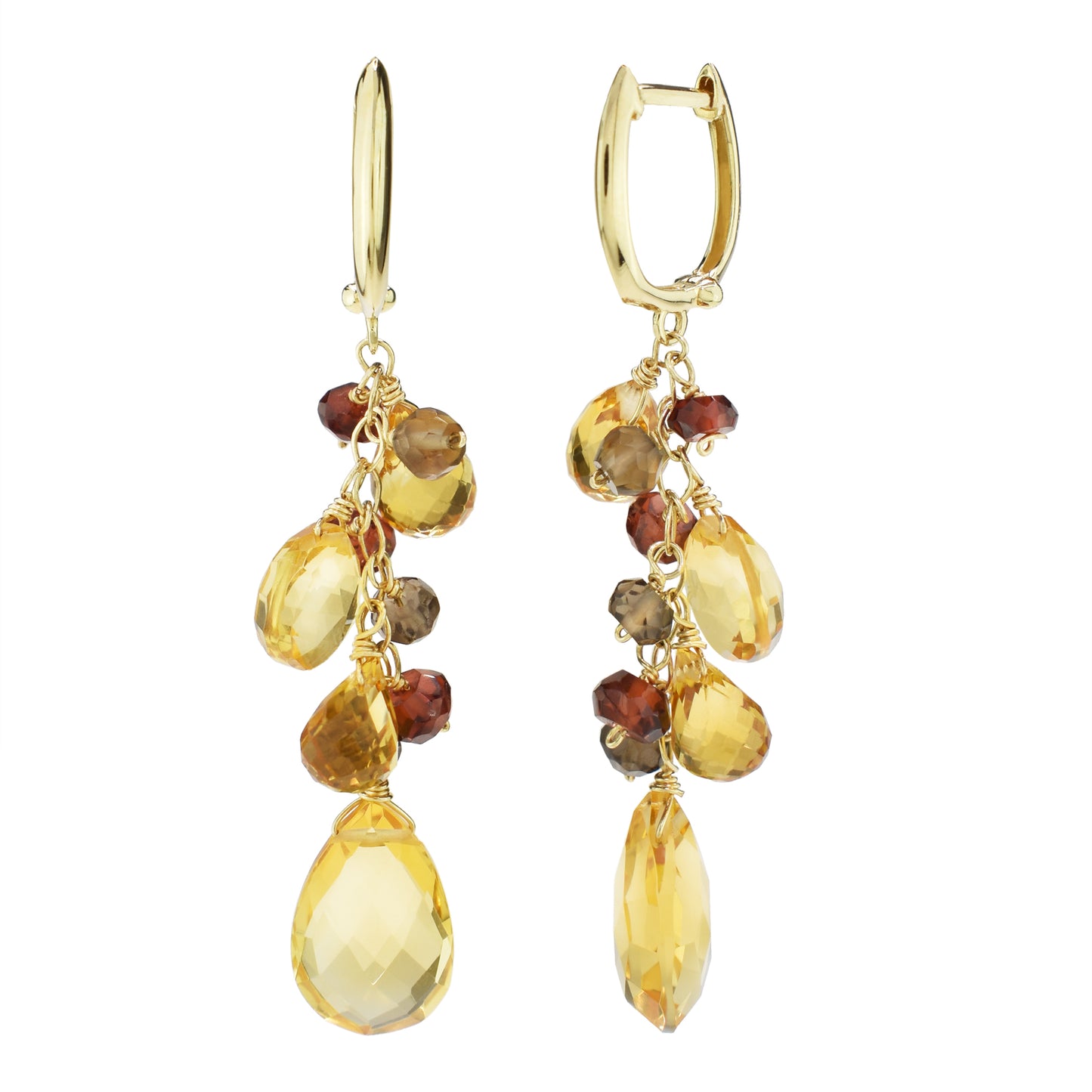 14k Citrine Smoky Quartz Garnet Pear Huggie Hoop Drop Earrings