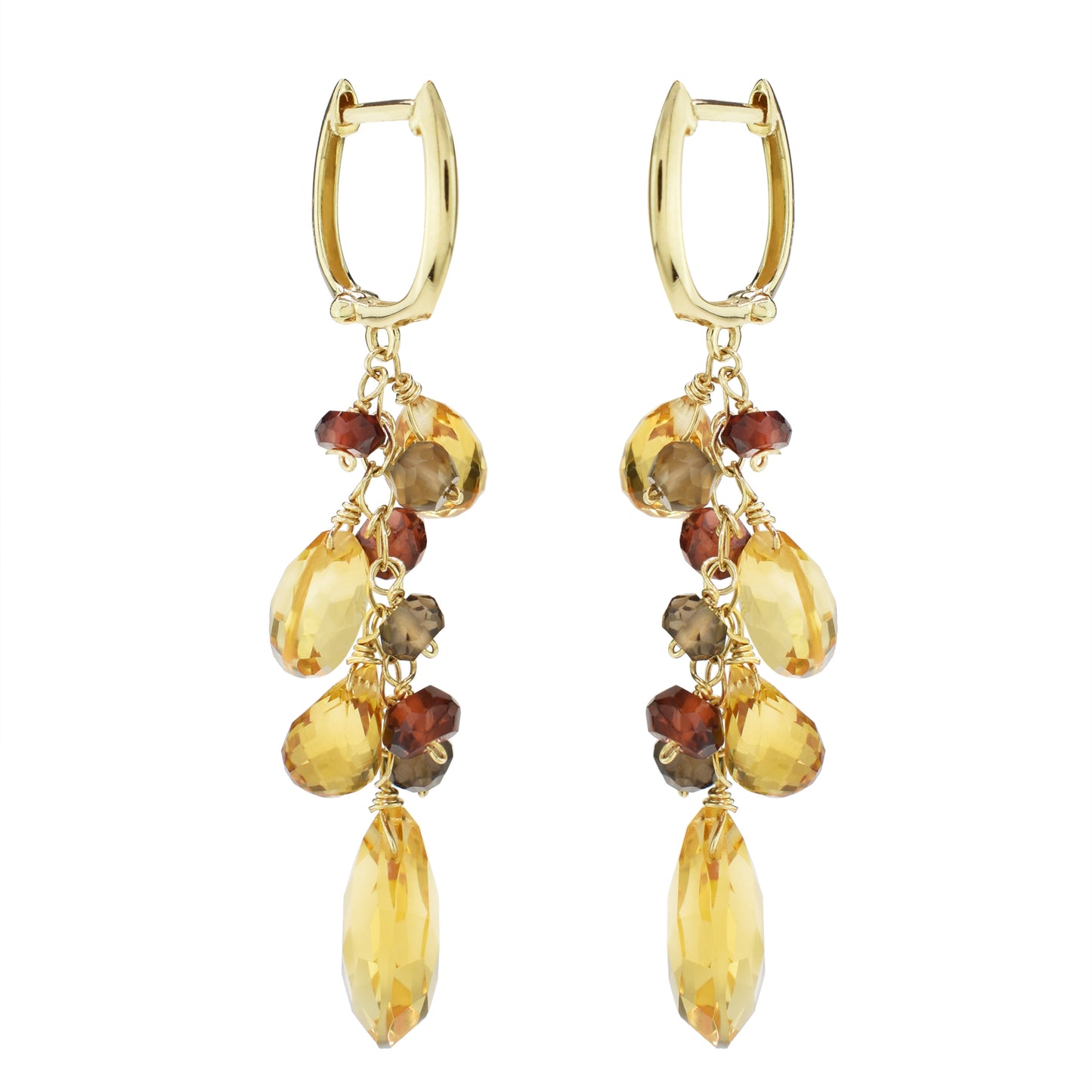 14k Citrine Smoky Quartz Garnet Pear Huggie Hoop Drop Earrings