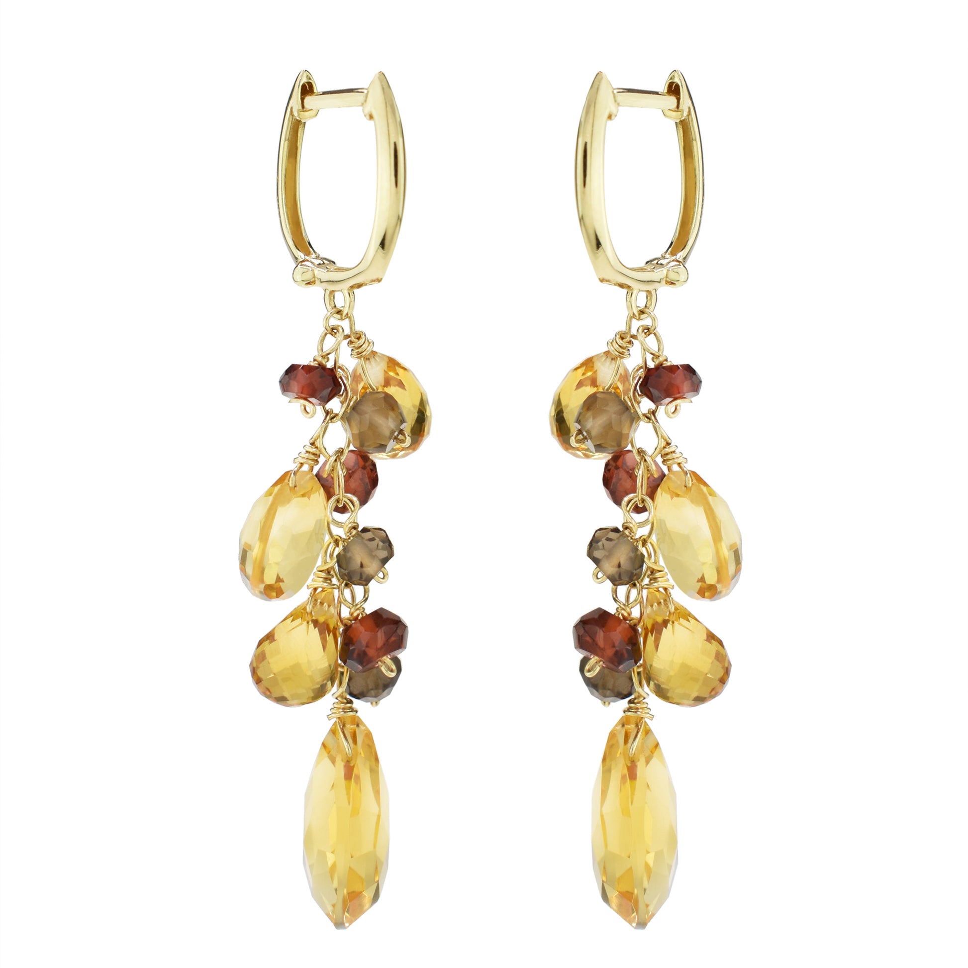 14k Citrine Smoky Quartz Garnet Pear Huggie Hoop Drop Earrings
