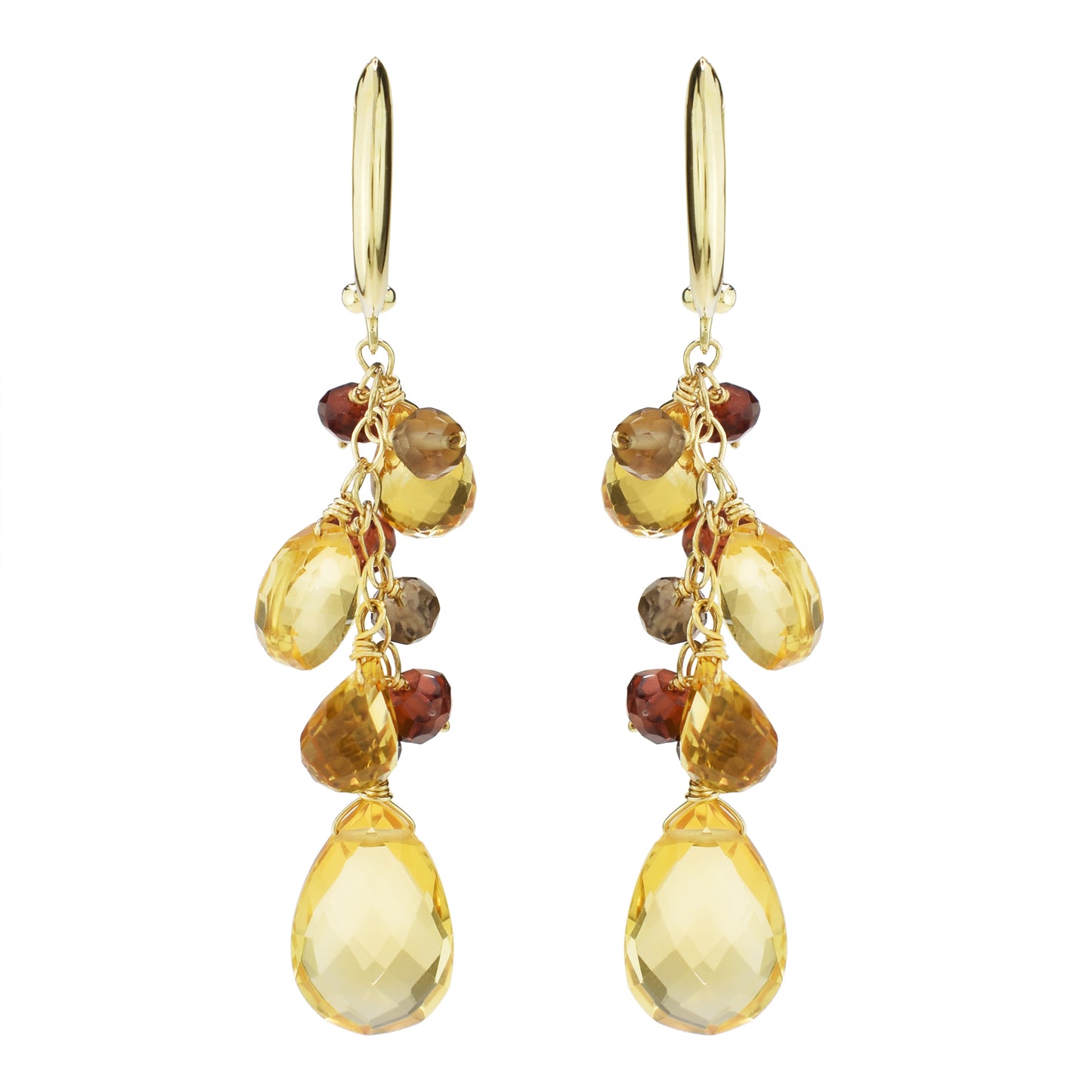 14k Citrine Smoky Quartz Garnet Pear Huggie Hoop Drop Earrings