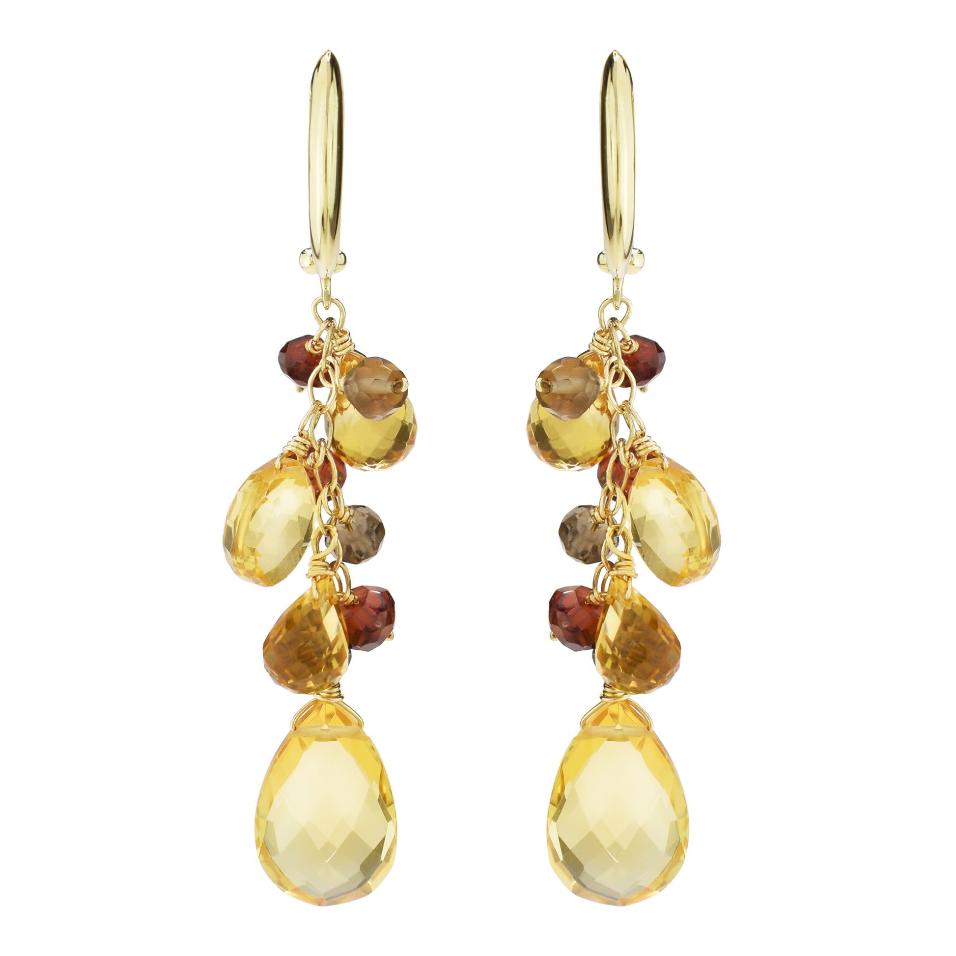 14k Citrine Smoky Quartz Garnet Pear Huggie Hoop Drop Earrings