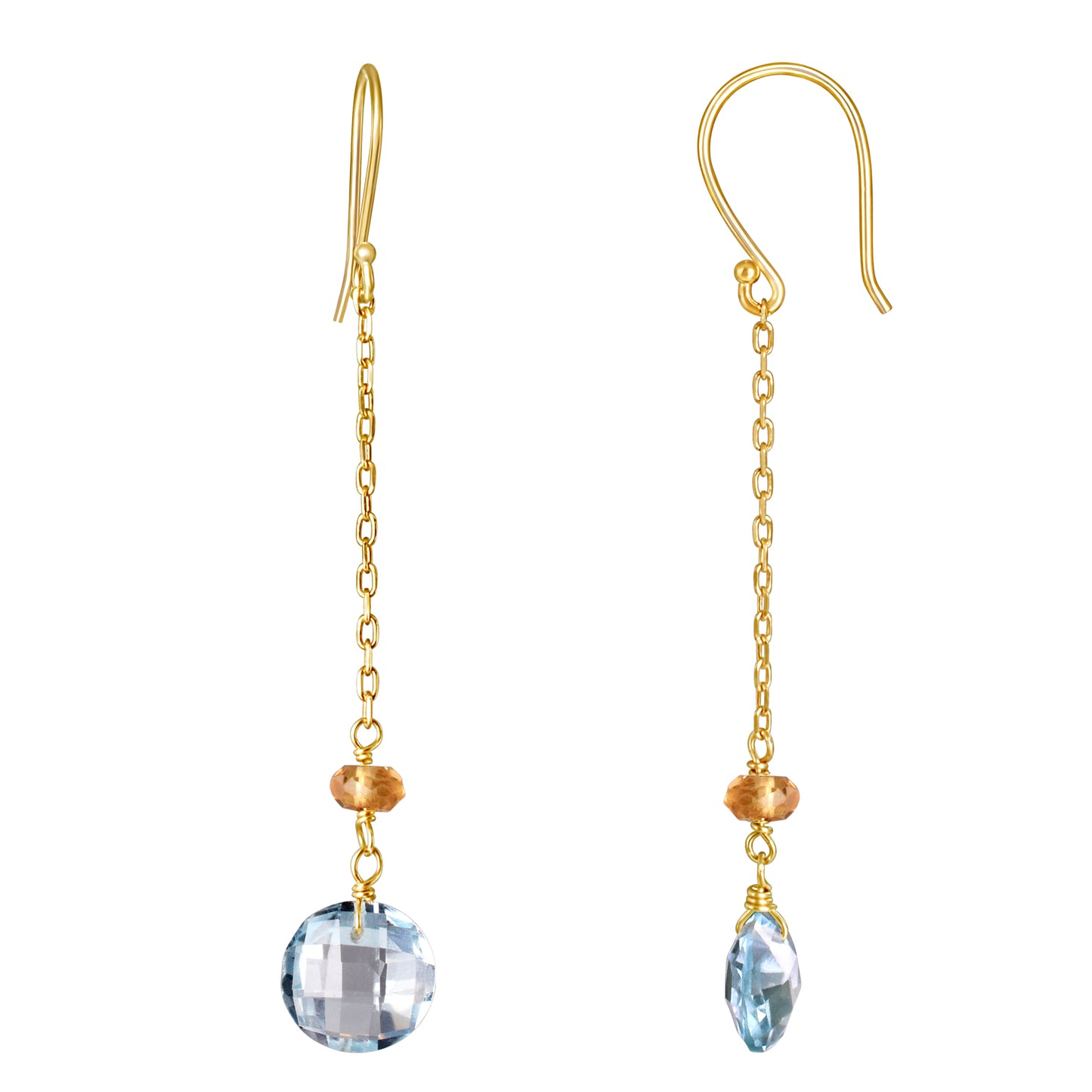 14k Gemstone Coin on Chain Fish Hook Citrine & Blue Topaz