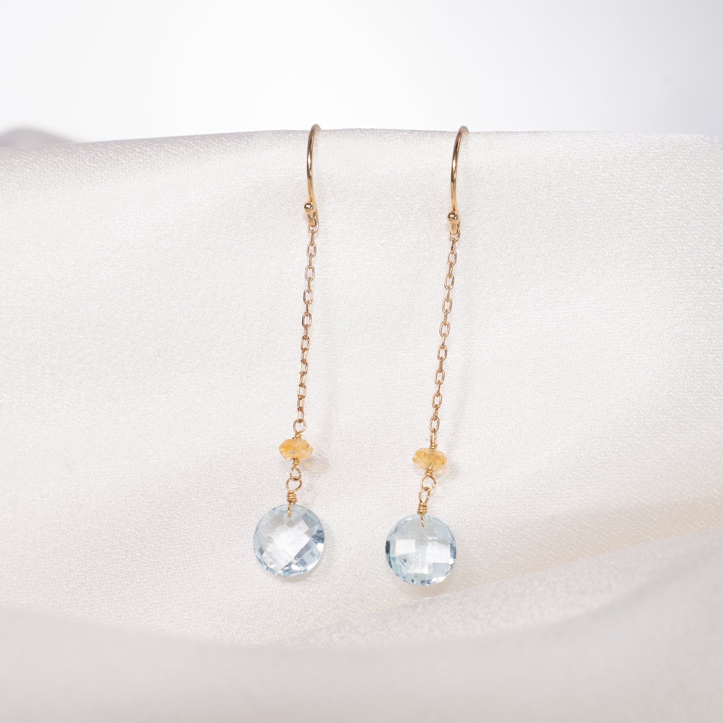14k Gemstone Coin on Chain Fish Hook Citrine & Blue Topaz