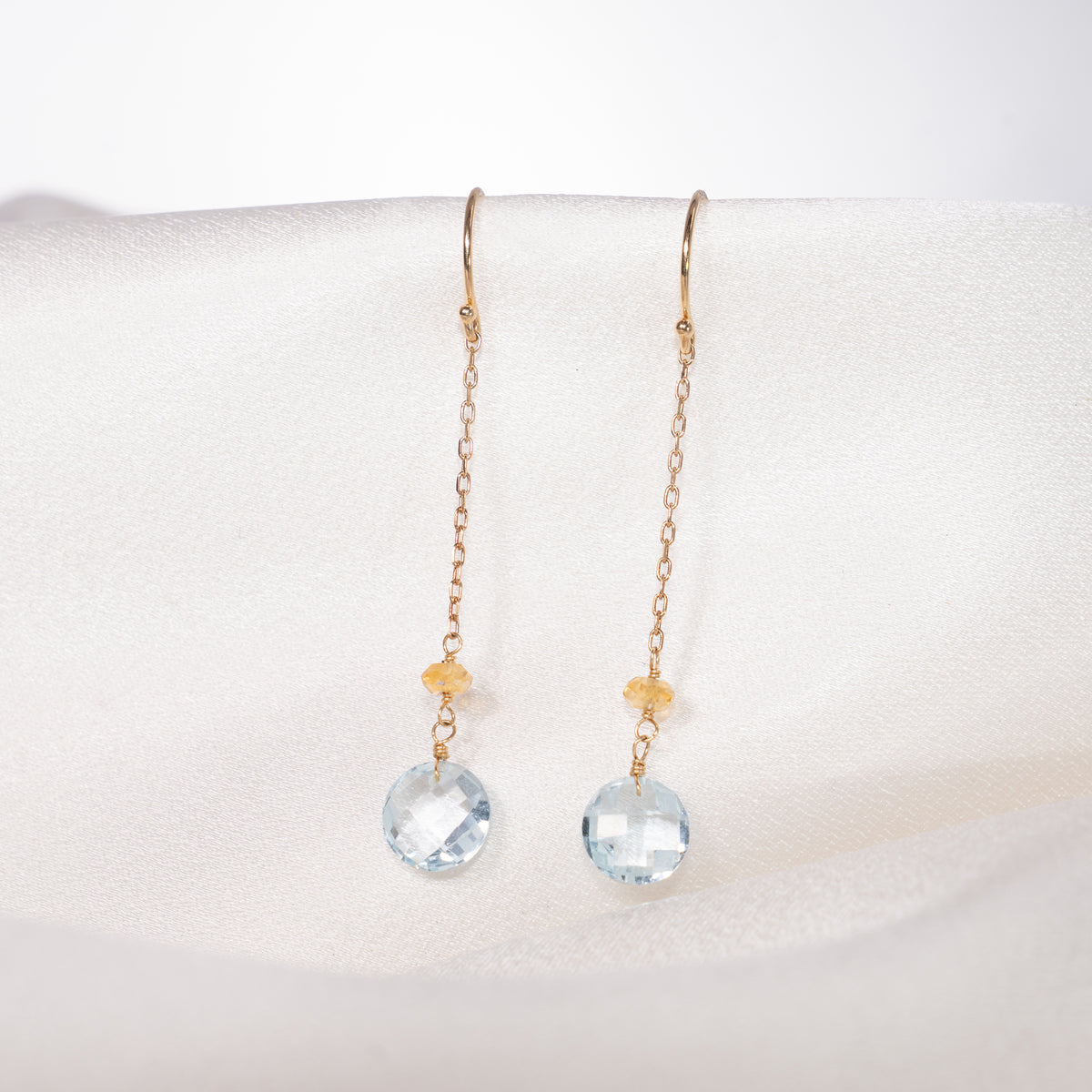 14k Gemstone Coin on Chain Fish Hook Citrine & Blue Topaz