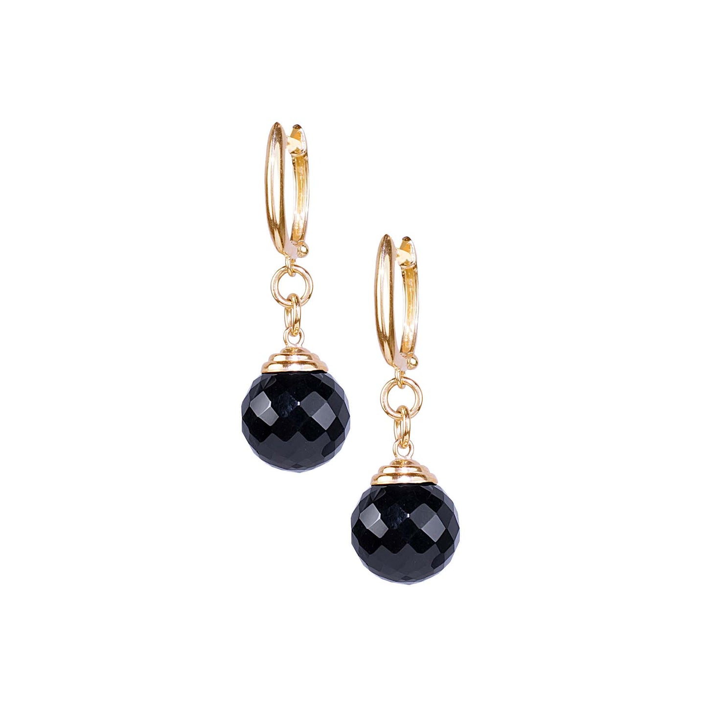 14k Black Onyx Faceted Round W/Cap Huggie Hoop Drop Earrings