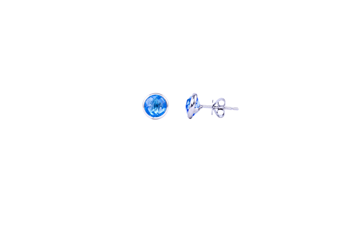 14k White Gold Blue Topaz Round Bezel Stud Earring