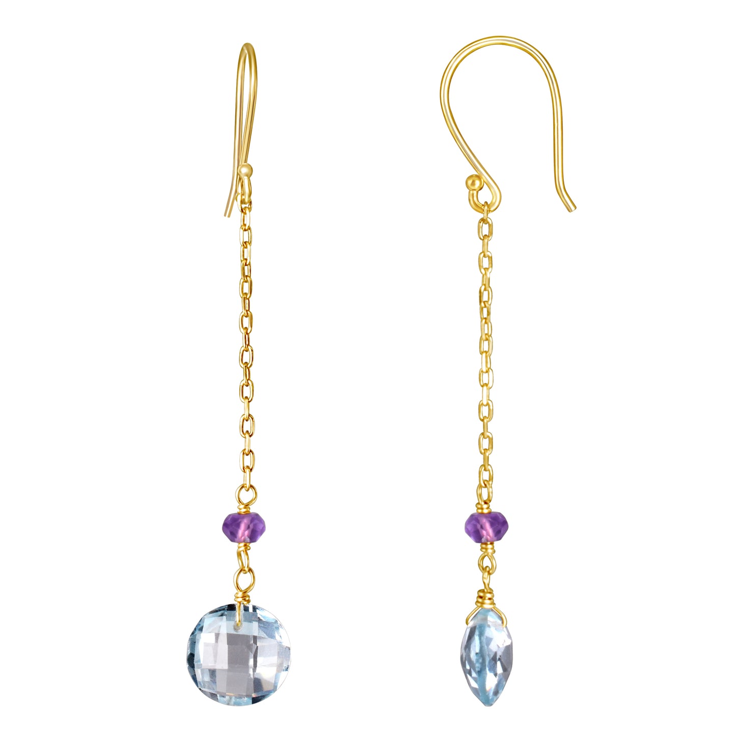 14k Gemstone Coin on Chain Fish Hook Amethyst & Blue Topaz