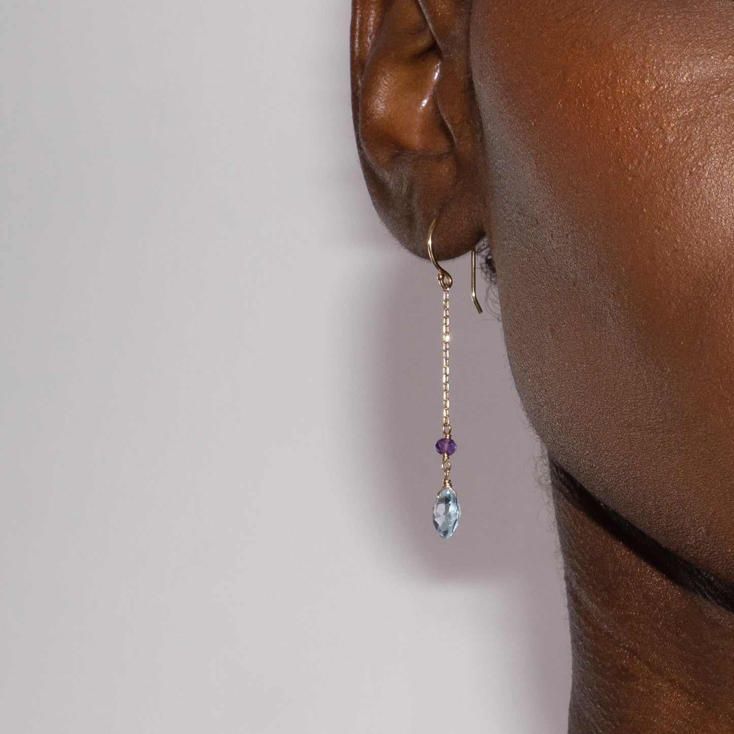 14k Gemstone Coin on Chain Fish Hook Amethyst & Blue Topaz