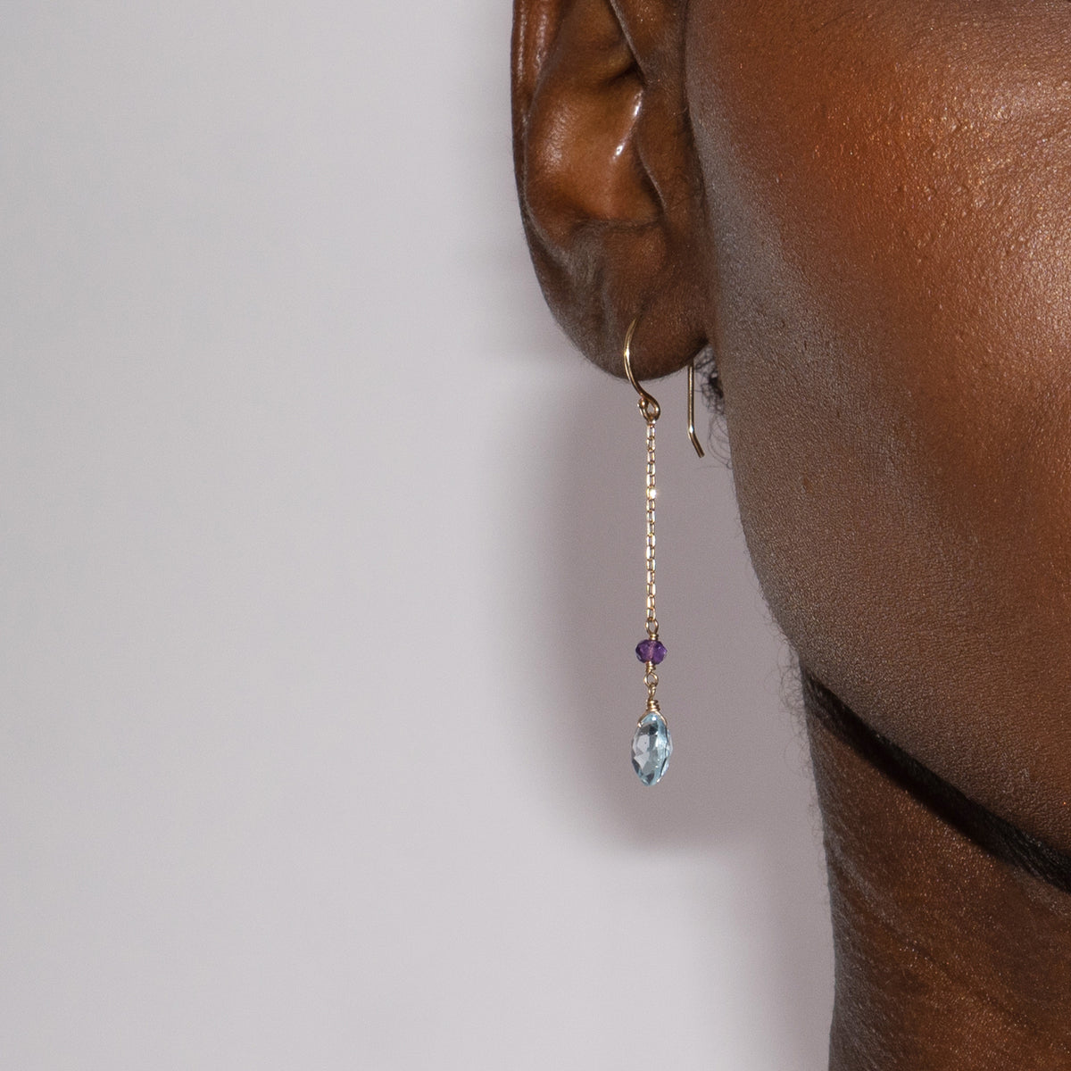 14k Gemstone Coin on Chain Fish Hook Amethyst & Blue Topaz