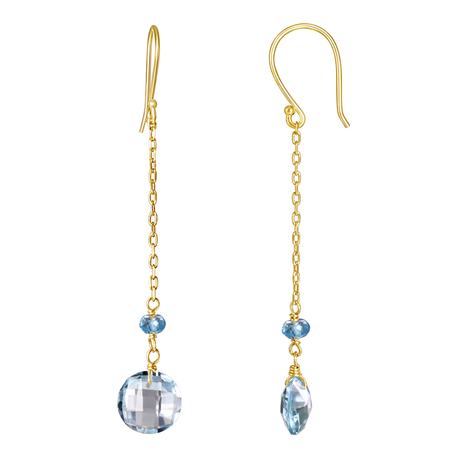 14k Gemstone Coin on Chain Fish Hook Swiss & Sky Blue Topaz