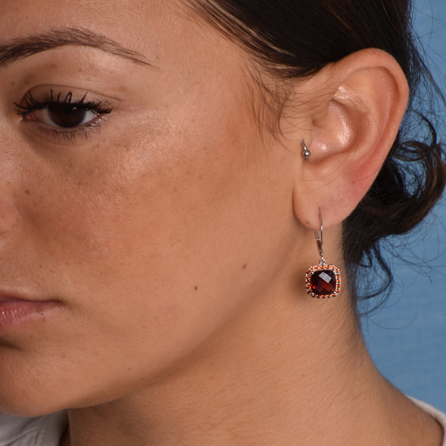 14k White Gold Garnet Cushion Leverback Drop Earring