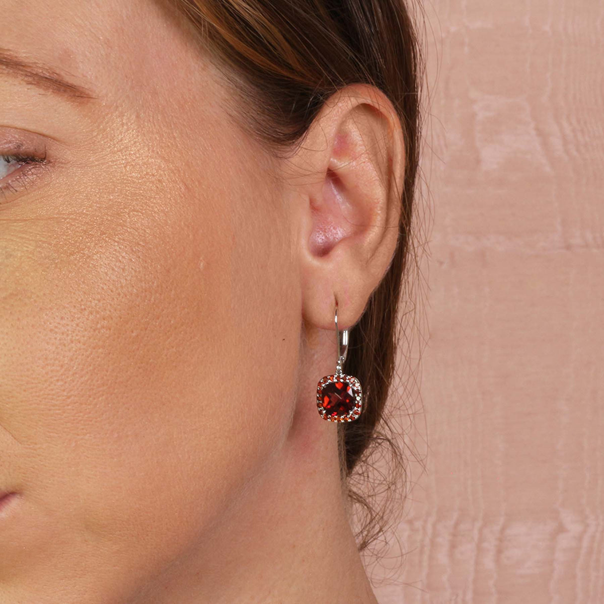 14k White Gold Garnet Cushion Leverback Drop Earring