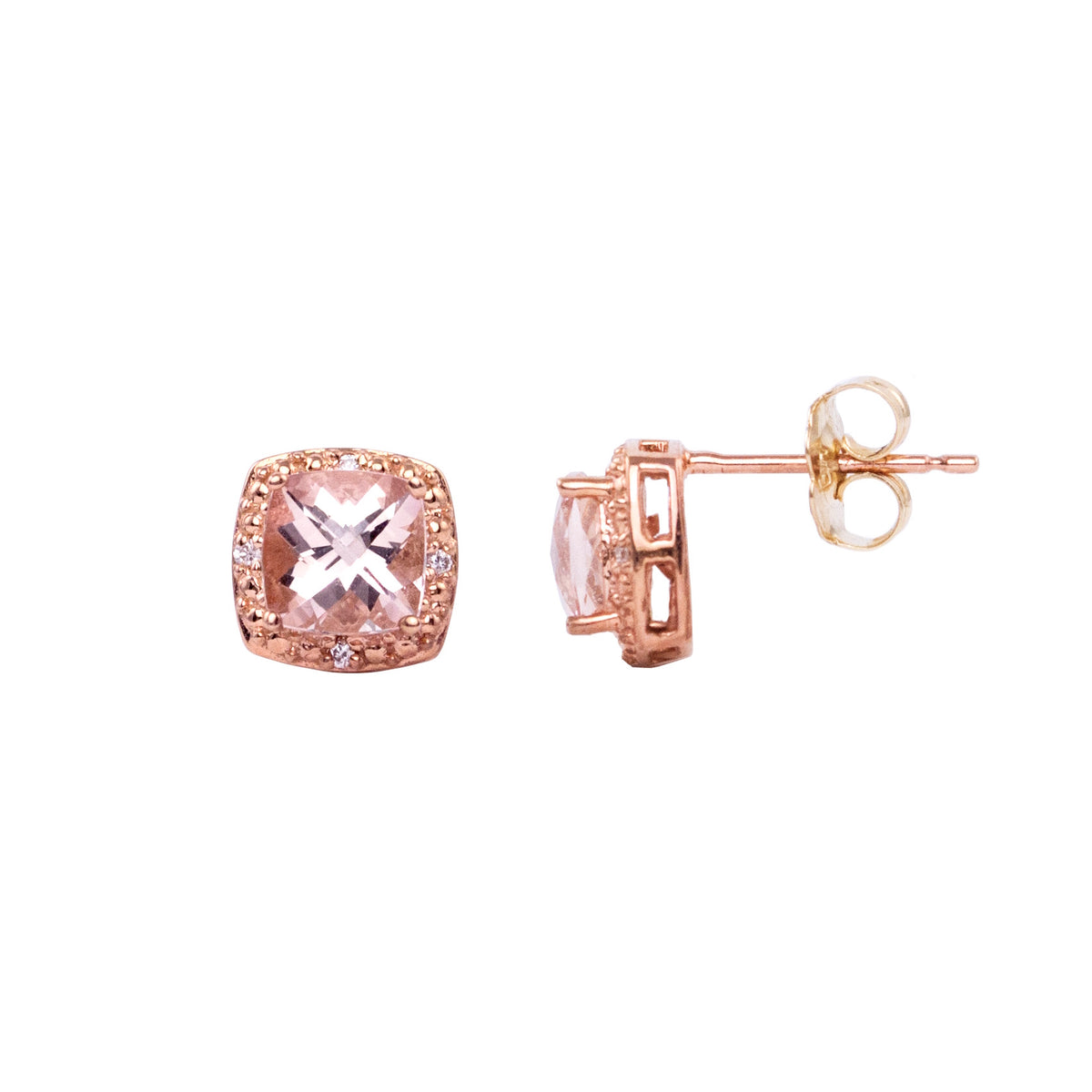 14k Rose Morganite Diamond Square Post Earring