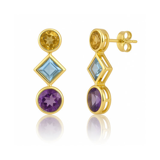 14k Citrine, Blue Topaz, and Amethyst Post Earring