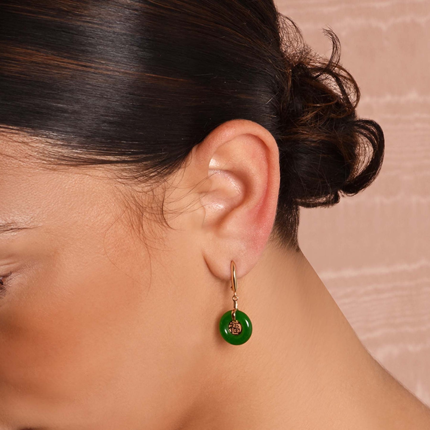14k Green Jade Good Luck Huggie Hoop Drop Earring